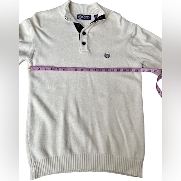 Chaps Cream Sweater 1/4 Button Up with Brown Elbow Patches Men's Small - Picture 6 of 10